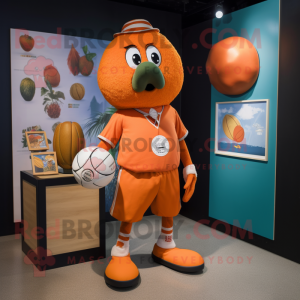Orange Juggle mascot costume character dressed with a Bermuda Shorts and Brooches