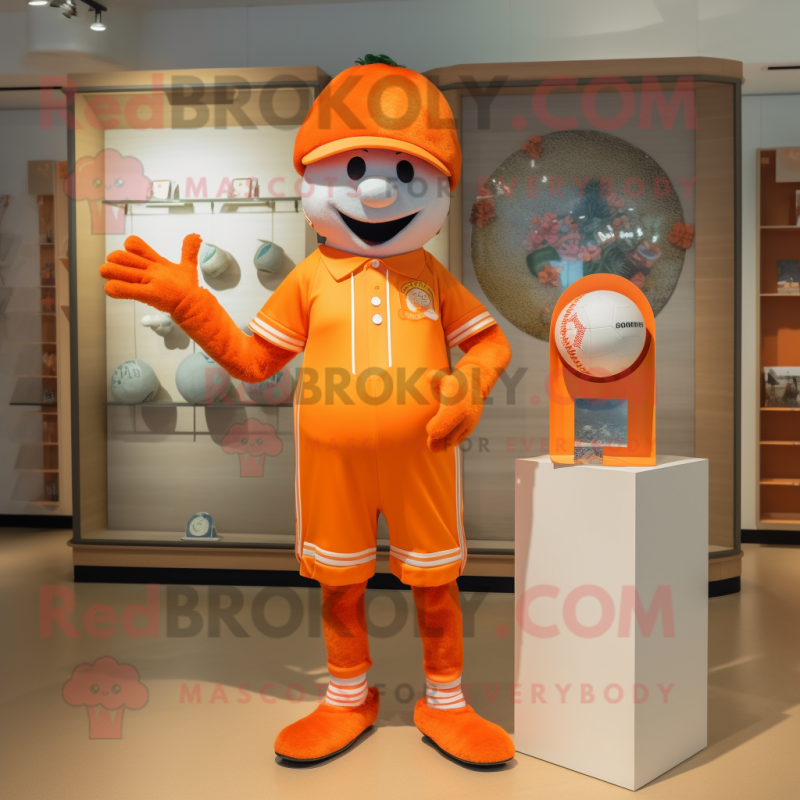 Orange Juggle mascot costume character dressed with a Bermuda Shorts and Brooches Orange Juggle mascot costume character dressed with a Bermuda Shorts and Brooches