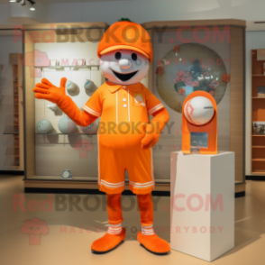 Orange Juggle mascot costume character dressed with a Bermuda Shorts and Brooches