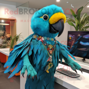 Turquoise Macaw mascot costume character dressed with a Playsuit and Headbands