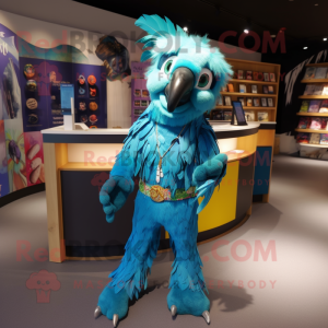 Turquoise Macaw mascot costume character dressed with a Playsuit and Headbands
