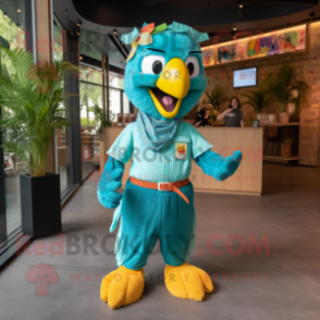 Turquoise Macaw mascot costume character dressed with a Playsuit and Headbands
