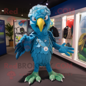 Turquoise Macaw mascot costume character dressed with a Playsuit and Headbands