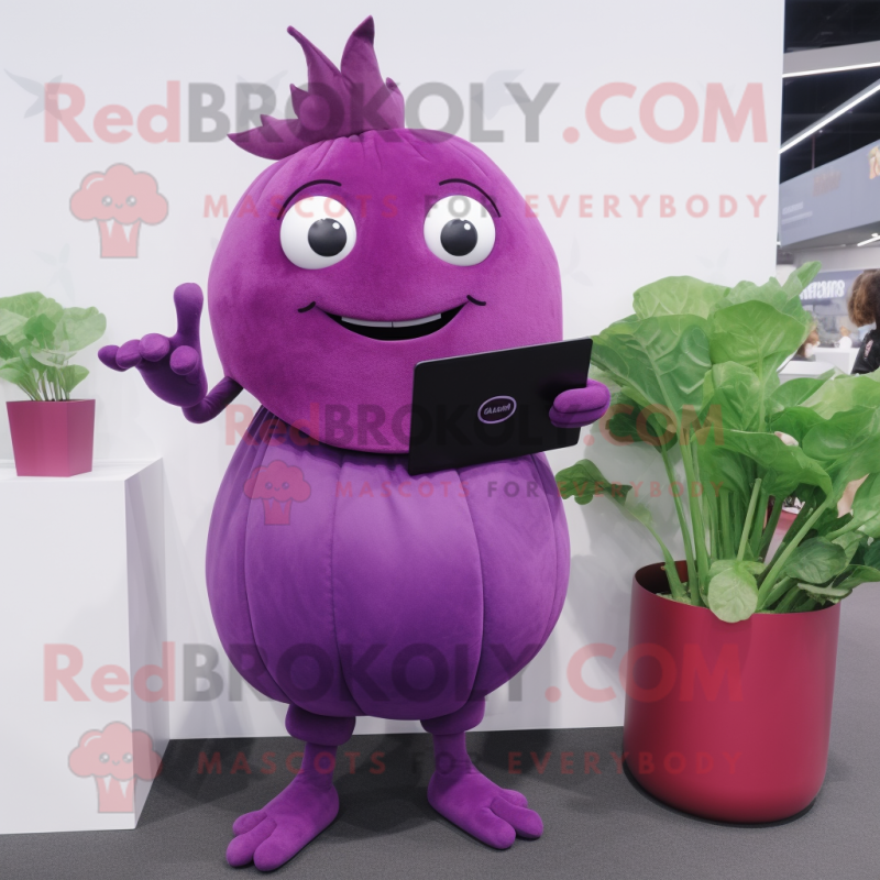 Purple Beet mascot costume character dressed with a Turtleneck and Clutch bags Purple Beet mascot costume character dressed with a Turtleneck and Clutch bags