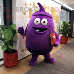 Purple Beet mascot costume character dressed with a Turtleneck and Clutch bags