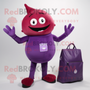 Purple Beet mascot costume character dressed with a Turtleneck and Clutch bags