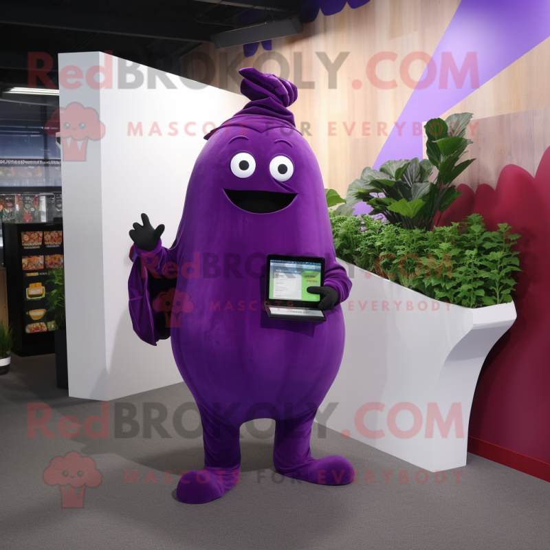 Purple Beet mascot costume character dressed with a Turtleneck and Clutch bags Purple Beet mascot costume character dressed with a Turtleneck and Clutch bags