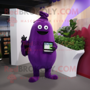 Purple Beet mascot costume character dressed with a Turtleneck and Clutch bags