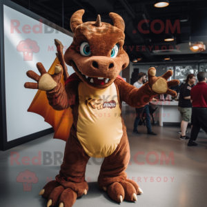 Brown Dragon mascot costume character dressed with a Mom Jeans and Gloves