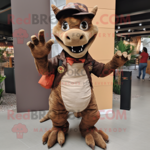 Brown Dragon mascot costume character dressed with a Mom Jeans and Gloves