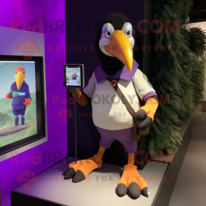 Lavender Toucan mascot costume character dressed with a Cargo Shorts and Smartwatches