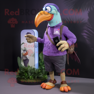 Lavender Toucan mascot costume character dressed with a Cargo Shorts and Smartwatches