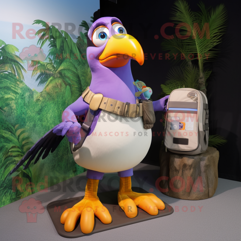 Lavender Toucan mascot costume character dressed with a Cargo Shorts and Smartwatches