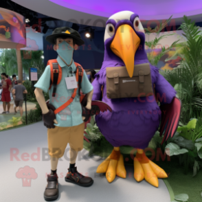 Lavender Toucan mascot costume character dressed with a Cargo Shorts and Smartwatches