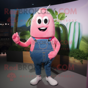 Pink Zucchini mascot costume character dressed with a Denim Shorts and Suspenders