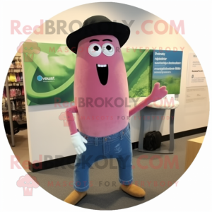 Pink Zucchini mascot costume character dressed with a Denim Shorts and Suspenders