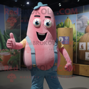 Pink Zucchini mascot costume character dressed with a Denim Shorts and Suspenders