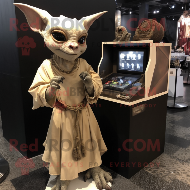 Beige Gargoyle mascot costume character dressed with a Wrap Dress and Keychains Beige Gargoyle mascot costume character dressed with a Wrap Dress and Keychains