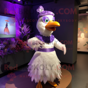 Purple Hens mascot costume character dressed with a Wedding Dress and Hair clips