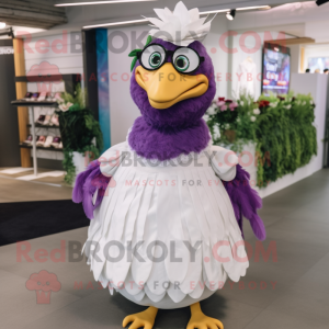 Purple Hens mascot costume character dressed with a Wedding Dress and Hair clips