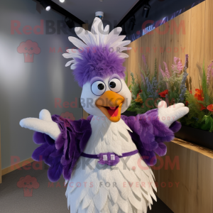 Purple Hens mascot costume character dressed with a Wedding Dress and Hair clips