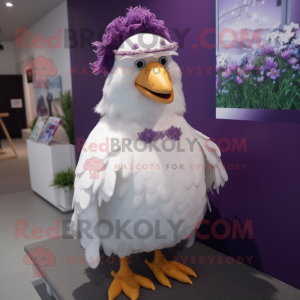 Purple Hens mascot costume character dressed with a Wedding Dress and Hair clips