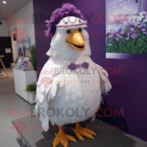 Purple Hens mascot costume character dressed with a Wedding Dress and Hair clips