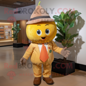 Peach Lemon mascot costume character dressed with a Corduroy Pants and Gloves