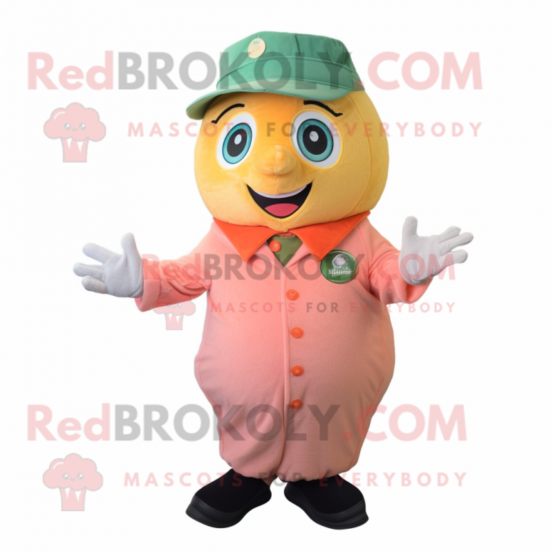 Peach Lemon mascot costume character dressed with a Corduroy Pants and Gloves Peach Lemon mascot costume character dressed with a Corduroy Pants and Gloves