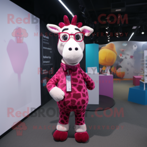 Magenta Giraffe mascot costume character dressed with a Chinos and Eyeglasses