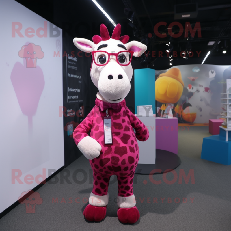 Magenta Giraffe mascot costume character dressed with a Chinos and Eyeglasses Magenta Giraffe mascot costume character dressed with a Chinos and Eyeglasses