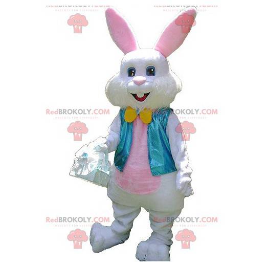 Mascota de conejo blanco y rosa con chaleco azul -
