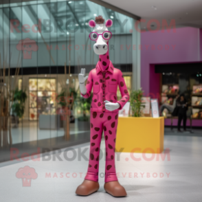 Magenta Giraffe mascot costume character dressed with a Chinos and Eyeglasses