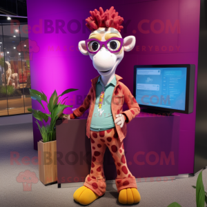 Magenta Giraffe mascot costume character dressed with a Chinos and Eyeglasses