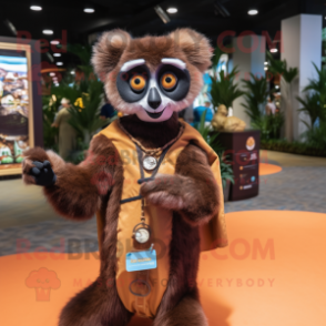 Brown Lemur mascot costume character dressed with a Mini Dress and Keychains
