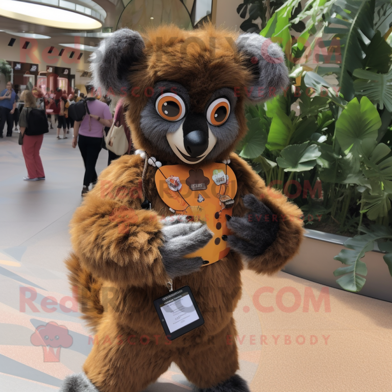Brown Lemur mascot costume character dressed with a Mini Dress and Keychains Brown Lemur mascot costume character dressed with a Mini Dress and Keychains