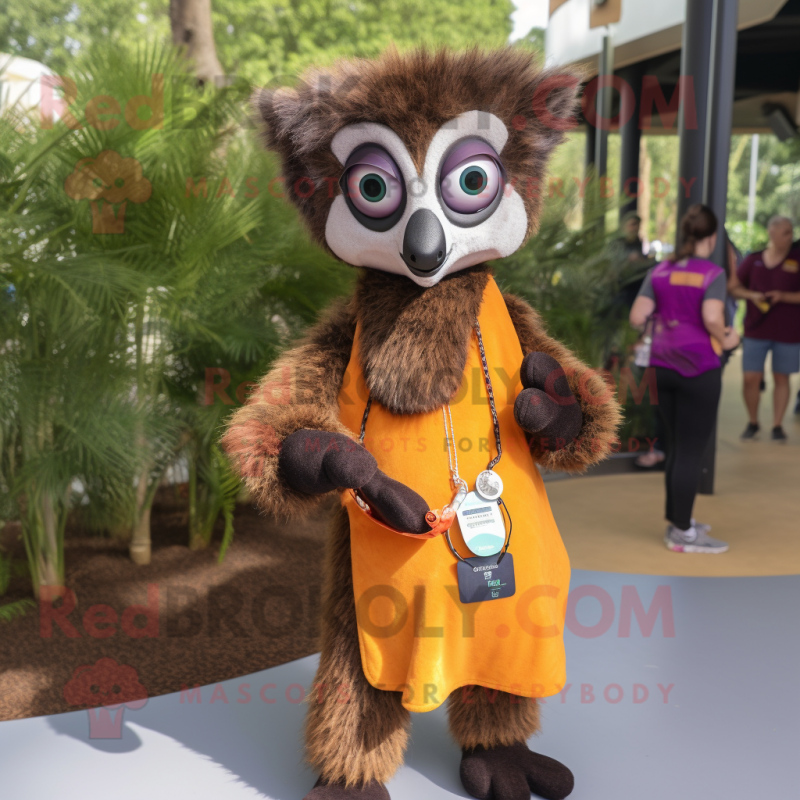 Brown Lemur mascot costume character dressed with a Mini Dress and Keychains