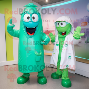 Green Doctor mascot costume character dressed with a Raincoat and Hairpins
