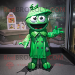 Green Doctor mascot costume character dressed with a Raincoat and Hairpins