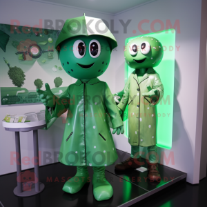 Green Doctor mascot costume character dressed with a Raincoat and Hairpins
