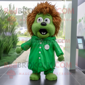 Green Doctor mascot costume character dressed with a Raincoat and Hairpins