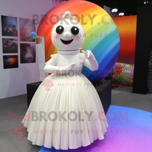 White Rainbow mascot costume character dressed with a Ball Gown and Rings