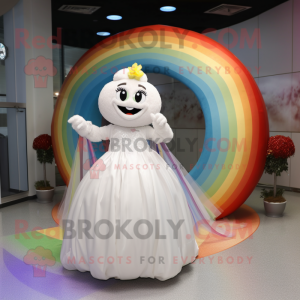 White Rainbow mascot costume character dressed with a Ball Gown and Rings