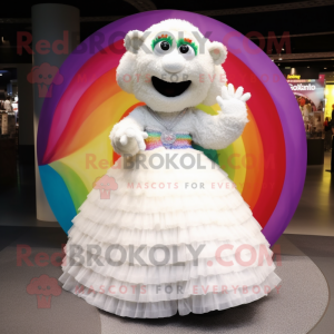 White Rainbow mascot costume character dressed with a Ball Gown and Rings