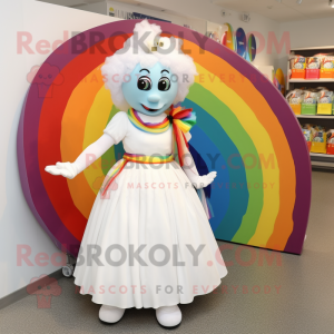 White Rainbow mascot costume character dressed with a Ball Gown and Rings