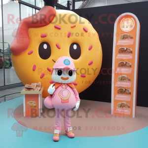 Peach Donut mascot costume character dressed with a Jacket and Coin purses