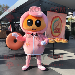 Peach Donut mascot costume character dressed with a Jacket and Coin purses