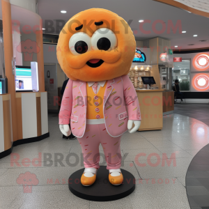 Peach Donut mascot costume character dressed with a Jacket and Coin purses