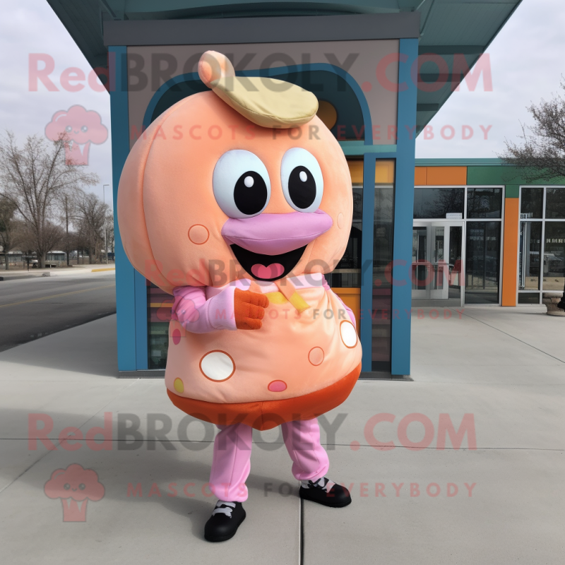 Peach Donut mascot costume character dressed with a Jacket and Coin purses