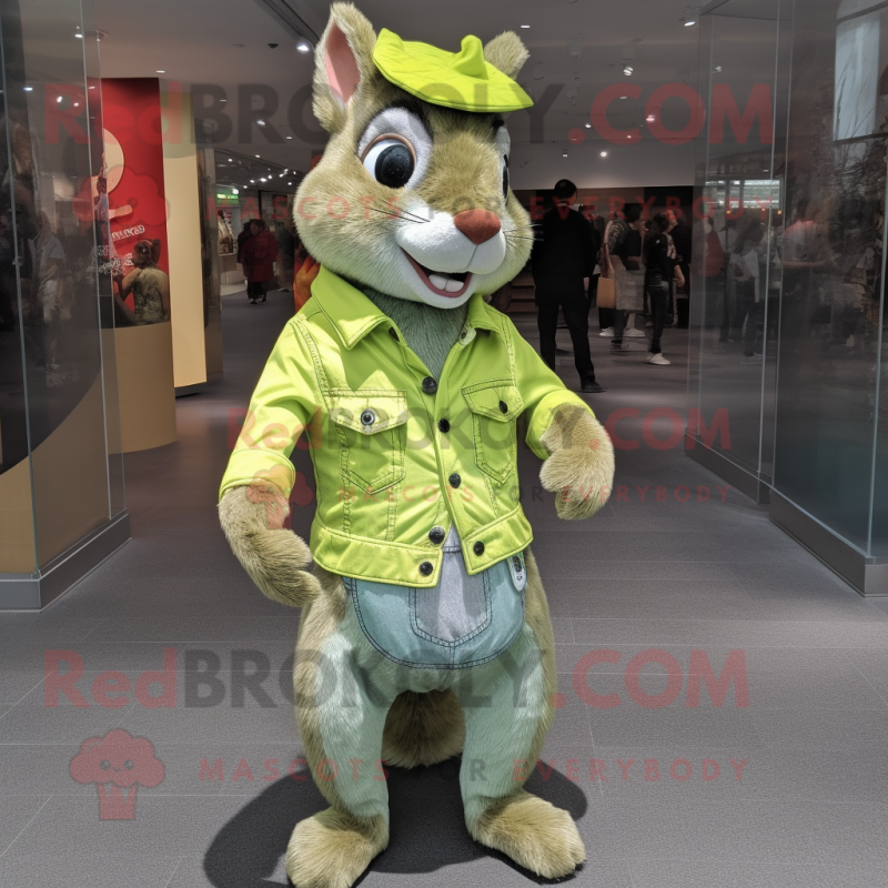 Lime Green Squirrel mascot costume character dressed with a Denim Shirt and Wallets